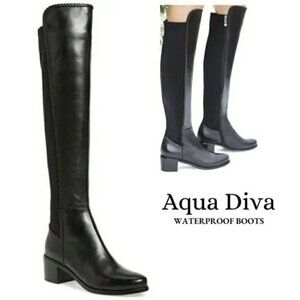 Aqua Diva Waterproof Over the Knee Boots Leather Black Block Heel Sz 8 NEW